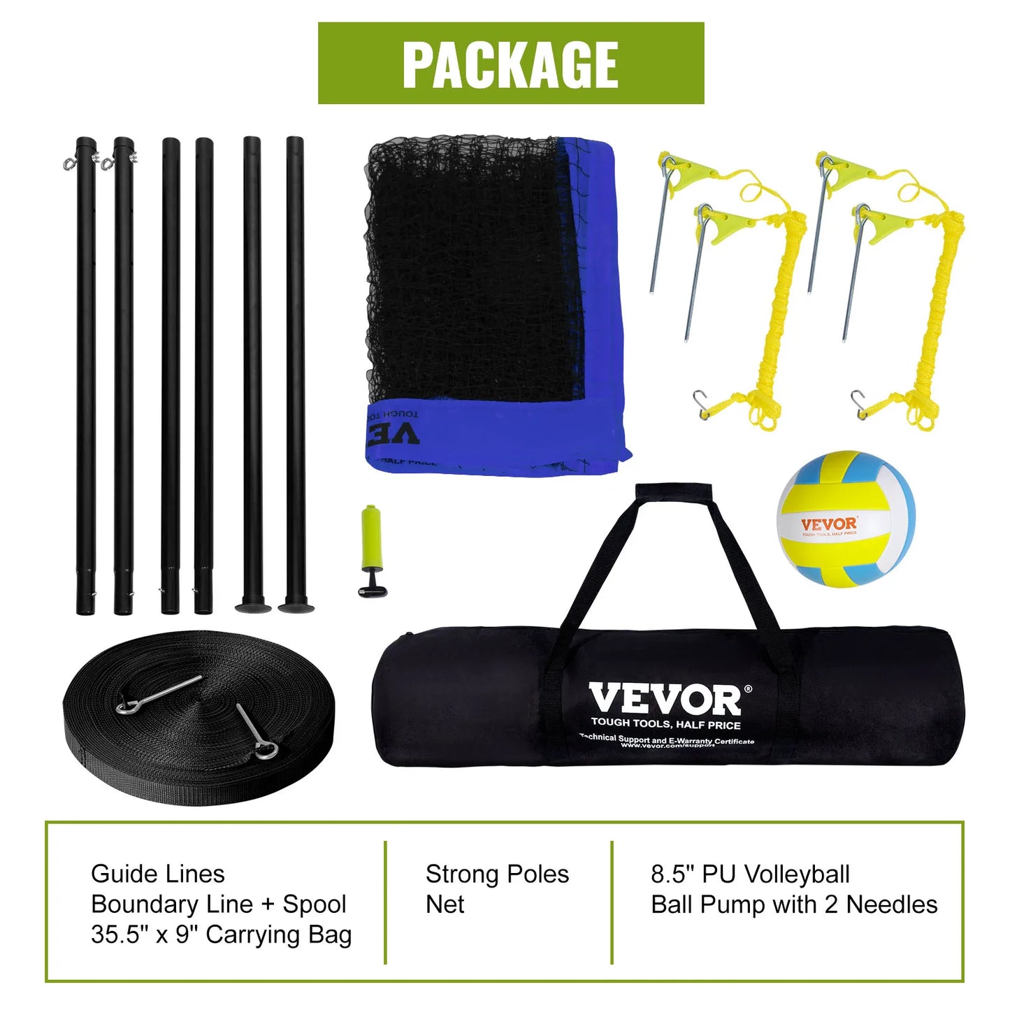 1.25-1.75inch poles, Outdoor Volleyball Net System Adjustable Height Aluminum Poles Volleyball Set with Pump Carrying Bag
