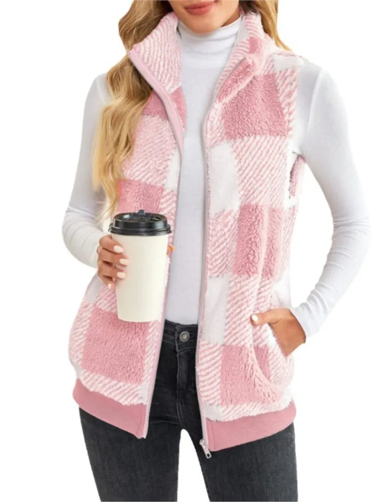 Autumn Winter Plaid Fleece Hoodie Vest Women's  Stand Collar Casual Pocket