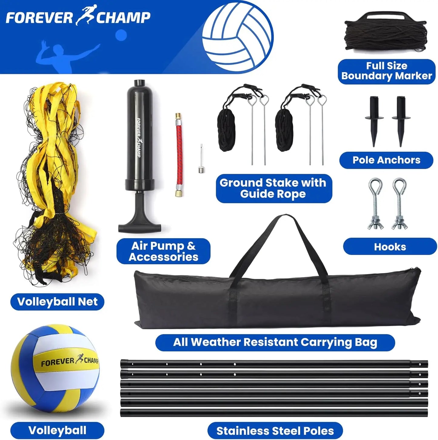 Portable Volleyball Net Set with Regulation Size Net, PU Ball, Carrying Bag, Poles & Pump for Outdoor Play