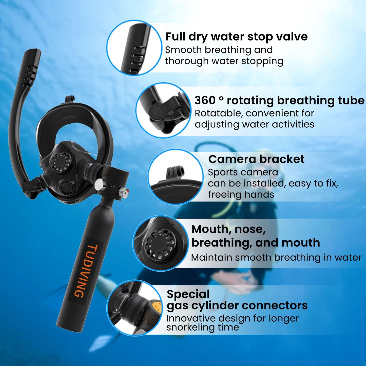 TUDIVING-0.5L Scuba Diving Tank Set,Mini Oxygen Cylinder with Full Face Mask,Portable Travel Diving Kit