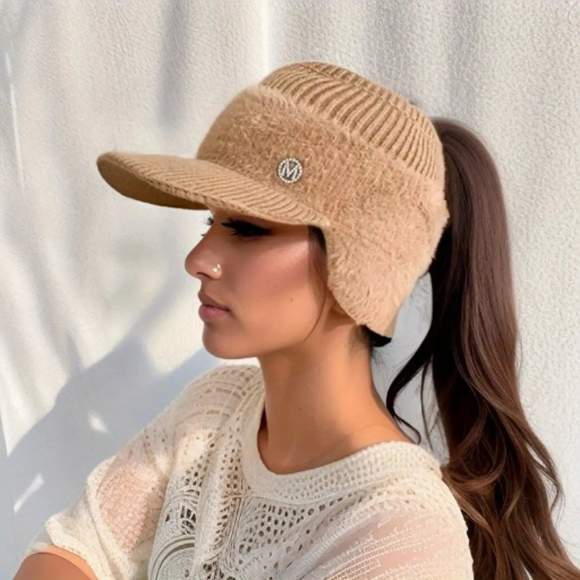 winter women's hat empty top wool ear protection cap leaky ponytail thick warm knit hat