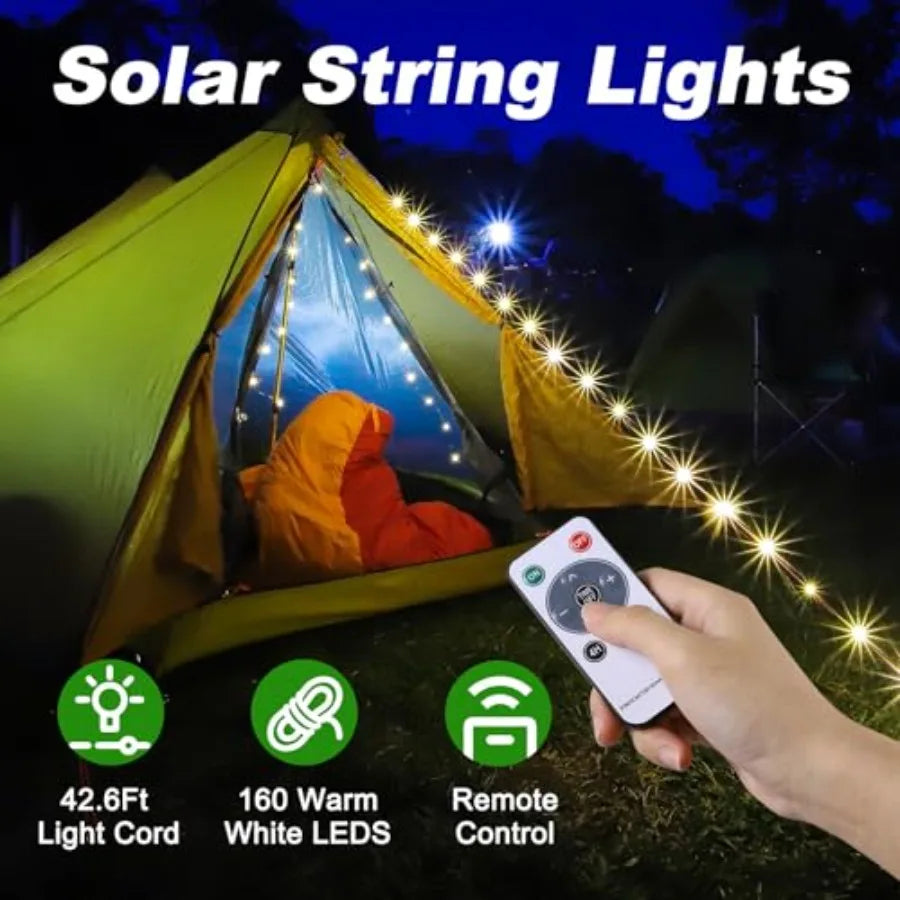 4 in 1 Solar Camping String Lights, Ultra Long String with 160LEDs, Solar Powered and USB Rechargeable Light with Remote Contro