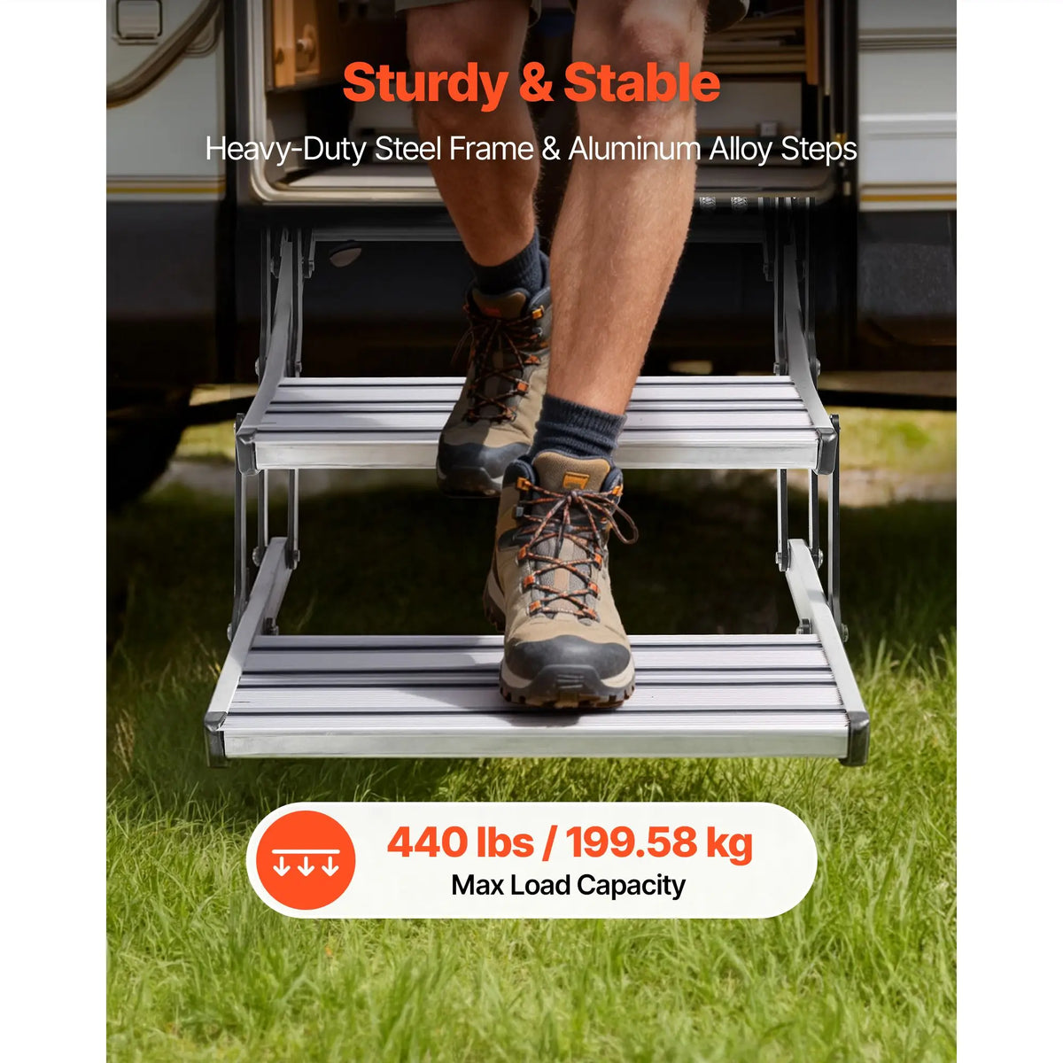 RV Steps, 2-Step, 440 lbs Load Capacity, Manual Retractable RV Stairs, Telescopic Folding Aluminum Alloy Camper Steps, Steel Frame Non-Slip Entry Stairs for Camper Van Motorhome Travel Trailer