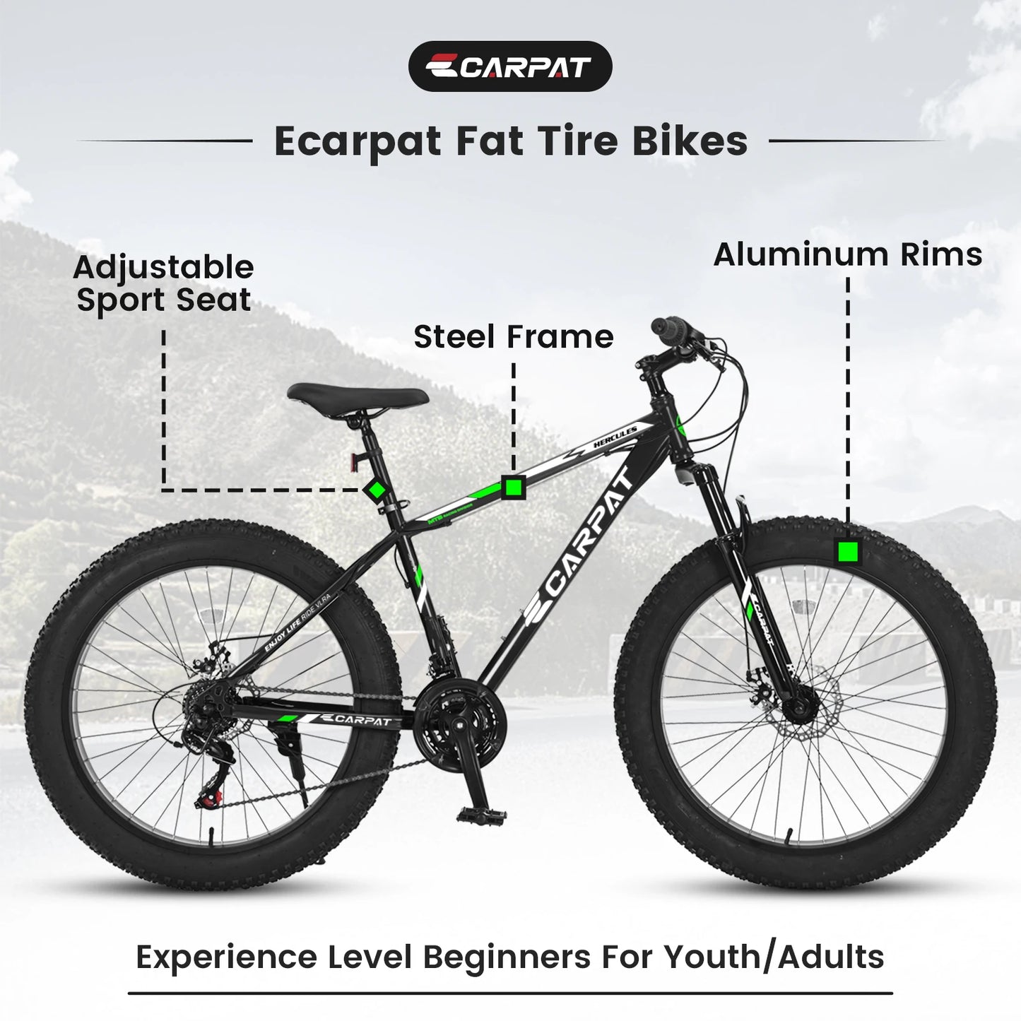 26 Inch Adult Fat Tire Mountain Bike, 21 Speed Gears, High Carbon Steel Frame, Front Suspension, Front Rear Dual Disc Brakes, All Terrain Bicycle for Mountain & City Commute