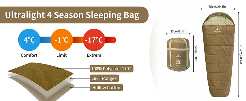 Naturehike Mummy Sleeping Bags MJ300/MJ600 Cotton Camping Adults Sleeping Bag Ultra Winter Warm Mummy Sleeping Bag Indoor