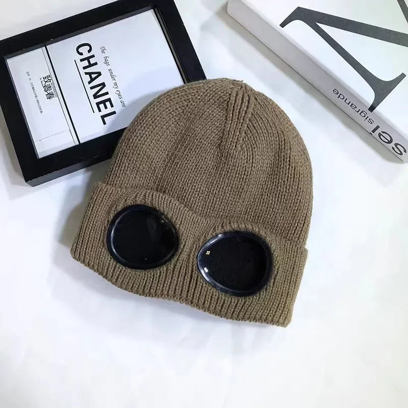 Unisex Men Women Knitted Hat with Goggles Windproof Winter Warmer Ski Beanies Soft Warm Anti-slip Ear Protection Garros