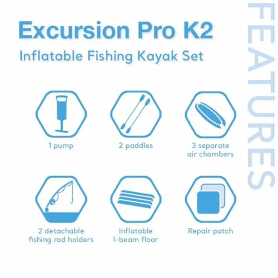 Excursion Pro Inflatable Kayak Set For Outdoor Recreation: SuperTough PVC, Blue And Gray, 2-Person With 400lb Capacity And Adju