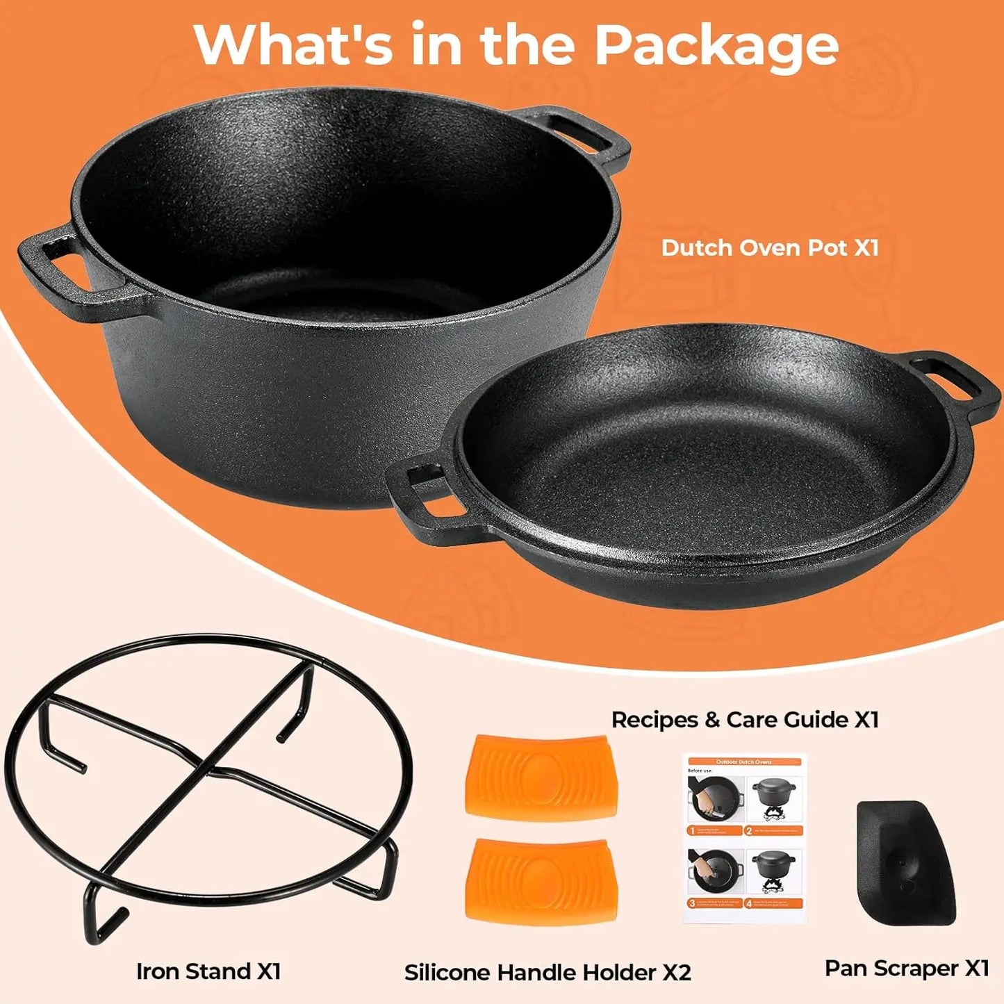 Pre-Seasoned Cast Iron Double Dutch Oven With Loop Handles, 5.1 Quart Pot + 1.9 Quart Lid - Cast Iron Dutch Oven with Lid