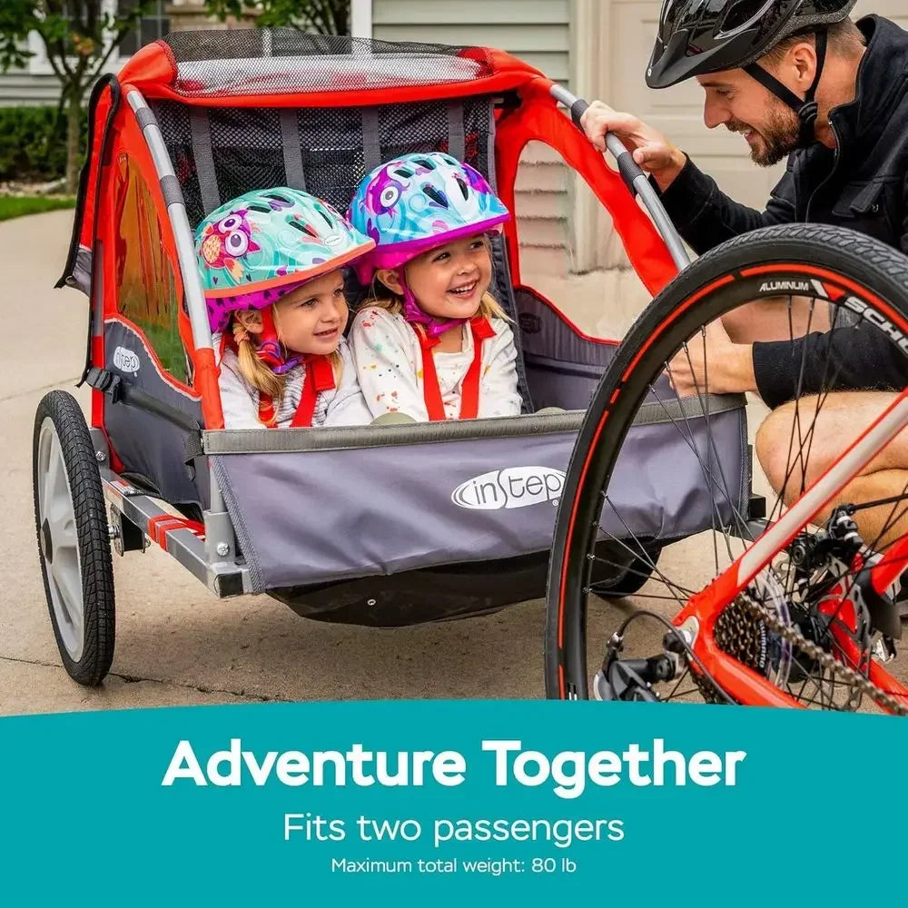 Red Double-Seat Bike Child Trailer: 80 lbs Max Weight, 5-Point Harness, Quick-Release Wheels, Bug & Weather Shield