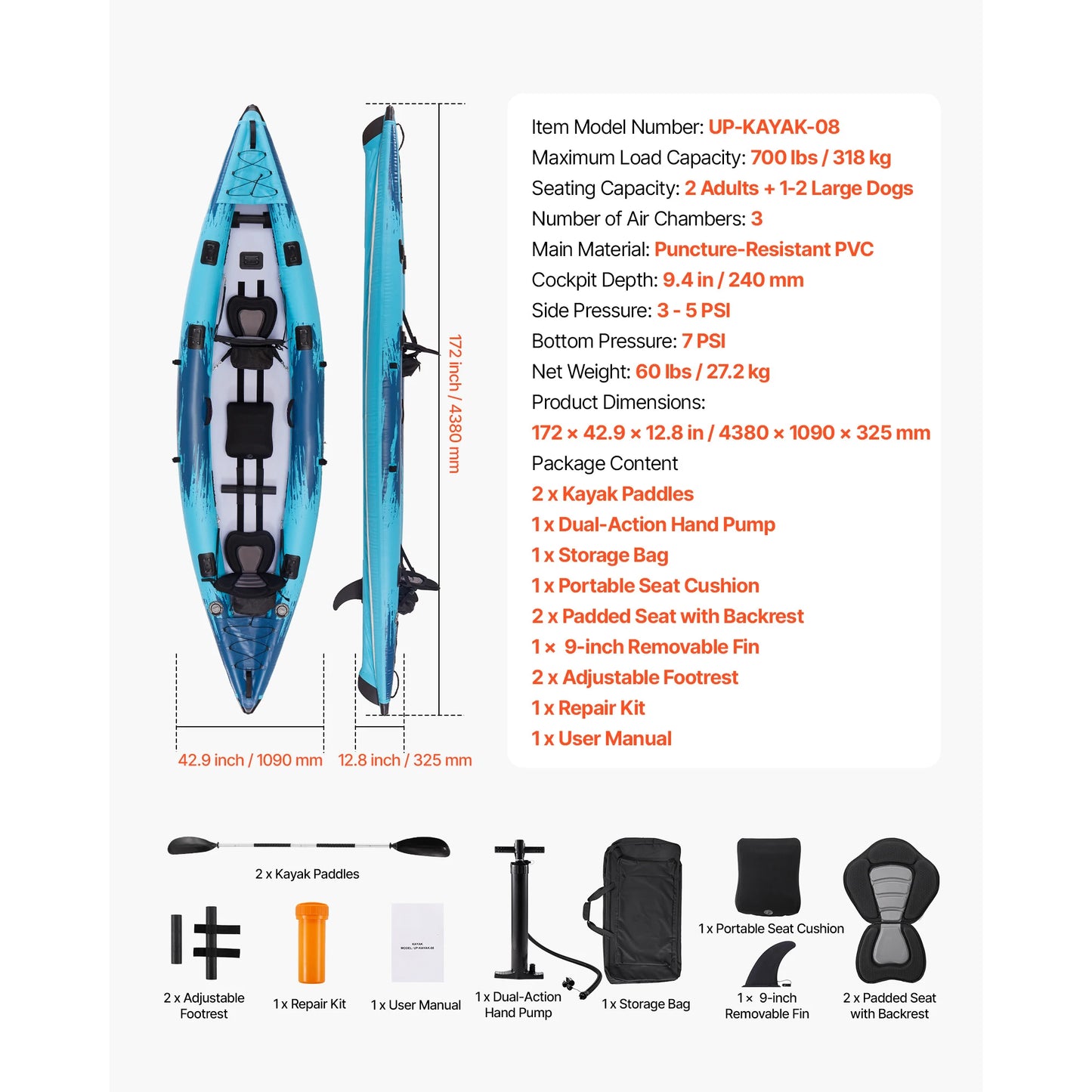 Inflatable Kayak, 2-Person Inflatable Recreational Kayak 700LBS Capacity, Leak & Puncture-Resistant with Padded Seat, PVC Drop-Stitch Floor, 2 Paddles, Hand Pump & Carry Bag for Fishing Camping