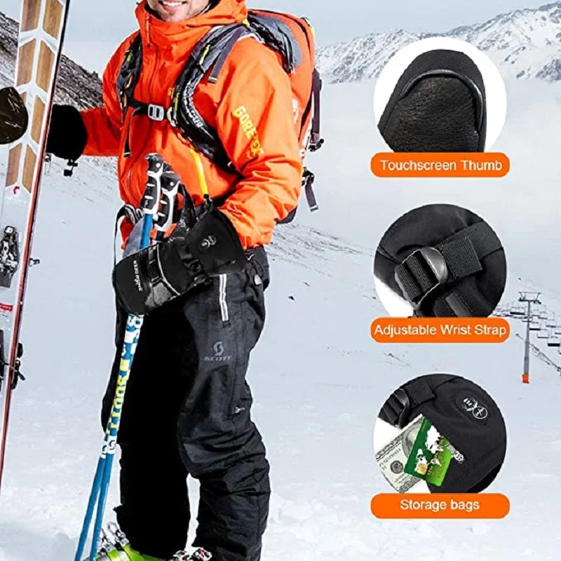 Moto Snowboard Rechargeable Electric Heated Skiing Gloves Leather Battery Winter Mittens For Women Men