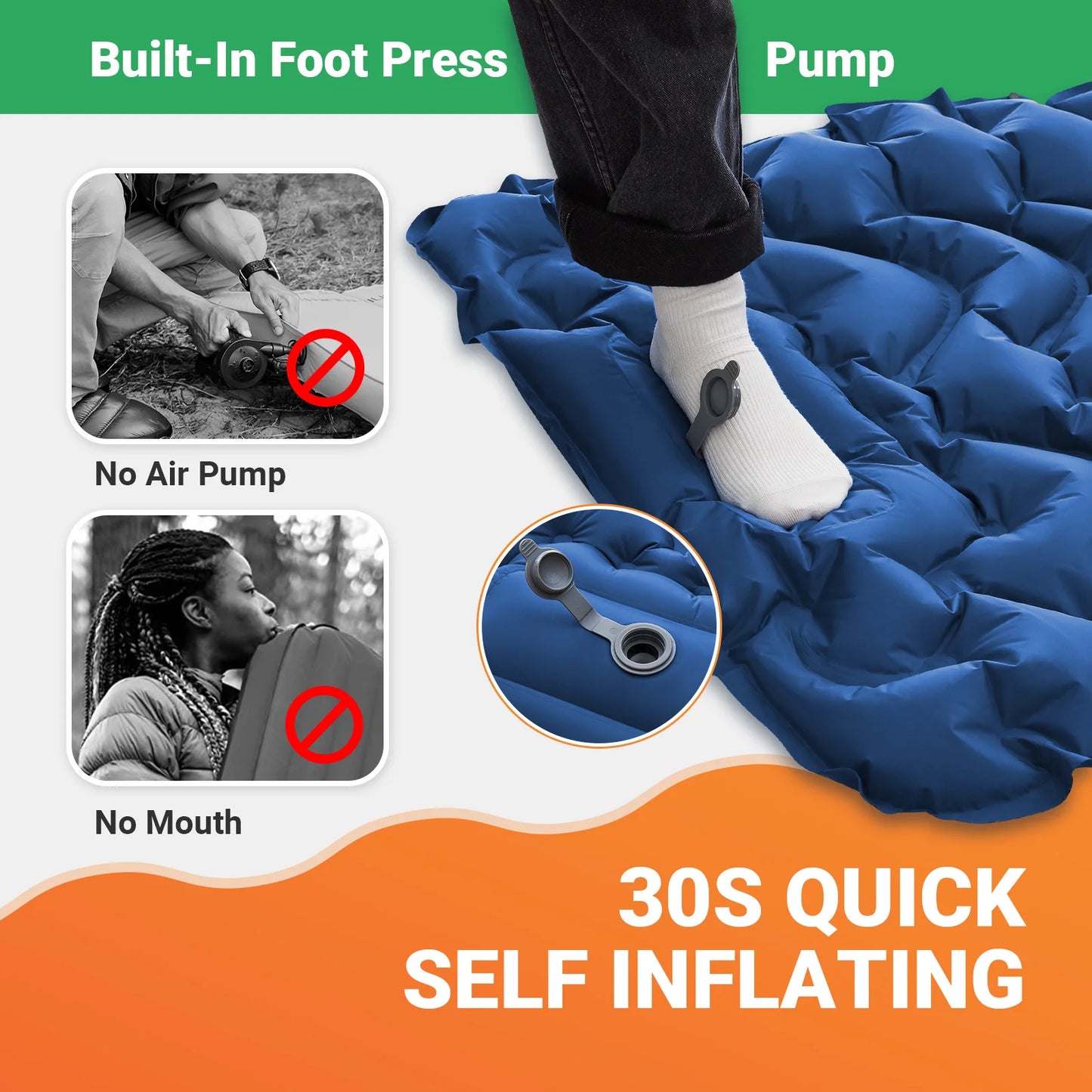 KingCamp Self Inflating Sleeping Pad, Ultralight Inflatable With Pillow Built-in Foot Pump