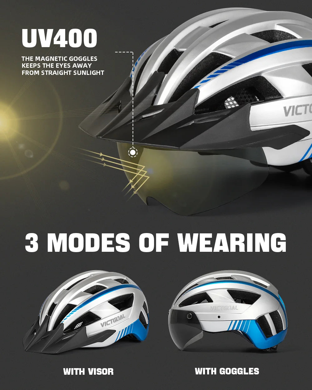 VICTGOAL Adults Mountain Bike Helmets with Goggles Visor Men Women USB Rear Light Bicycle Safety Caps Road Bike Electric Scooter Cycling Helmets