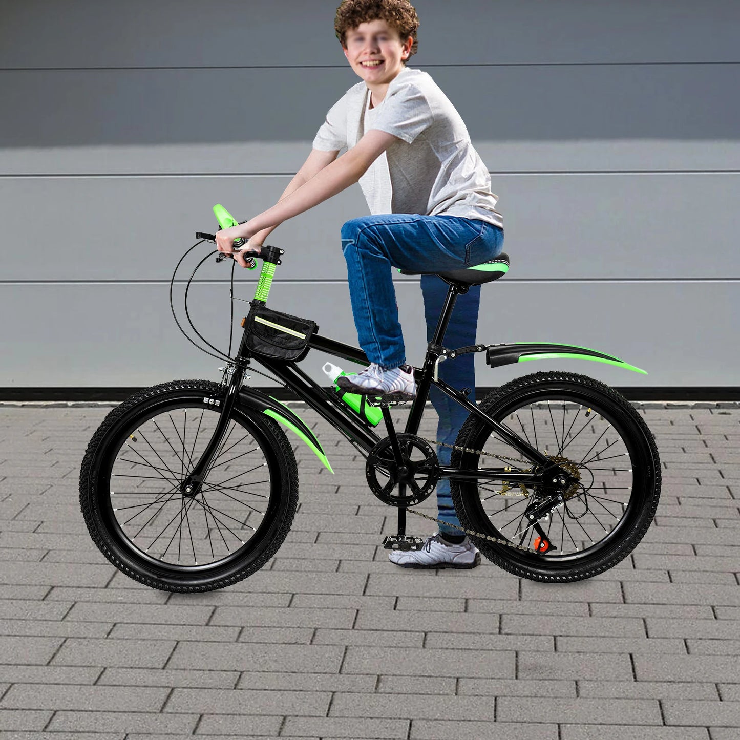 20 Inch Kids Mountain Bike,with Front and Rear Dual Brake,Height Adjustable Bicycle w/ Kettle and Holder & Compass Bell, Bicycle for Girls Boys Kids(Green)