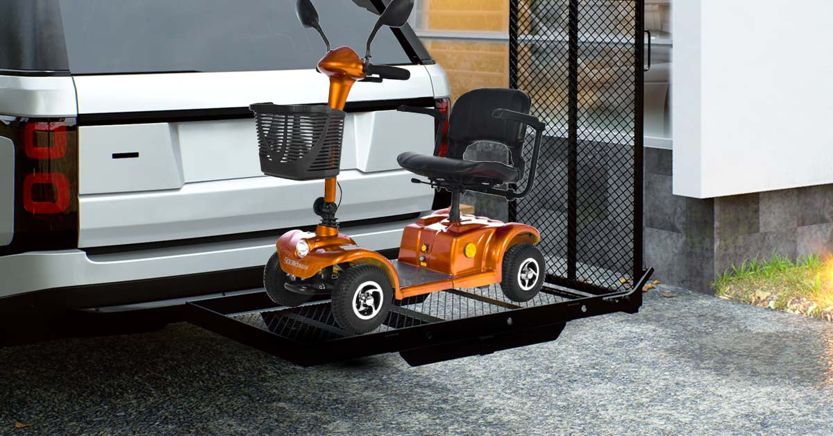 SucceBuy Hitch Mount Cargo Carrier Hitch Cargo Rack with Folding Ramp 500LBS Mobility Scooter Carrier Fit 2" Hitch Receiver
